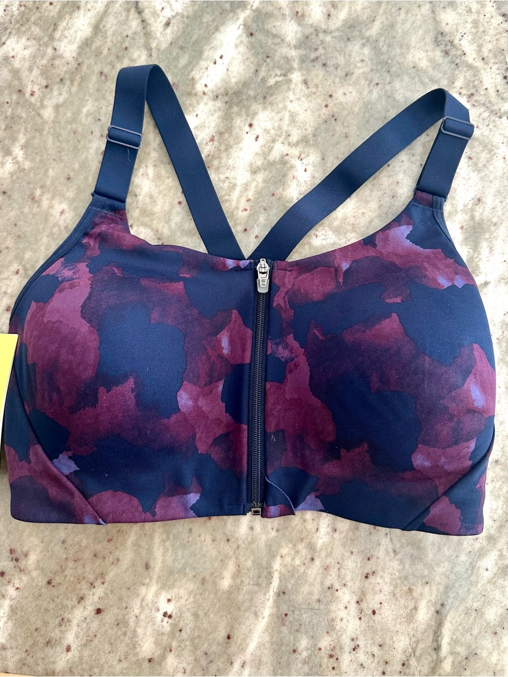NWT All in Motion Women's Front-Zip Sports Bra in Burgundy and Navy Camo 36D